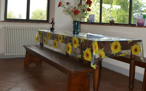Villa Cafaggiola: Mobilia, Tavolo, Camera, Tovaglia, Pavimento, Rettangolo, Tessile, Pavimentazione, Cucina & Sala Da Pranzo Tavolo, Biancheria