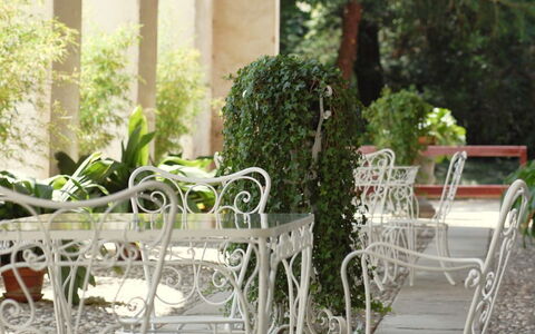 Ca' Marcello: Mobilia, Sedia, Pianta, Tavolo, Erba, Camera, Vaso Di Fiori, Giardino, Portico, Arbusto
