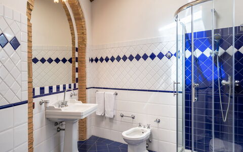 Il Sangiovese: Bagno, Piastrella, Proprietà, Camera, Blu, Architettura, Gabinetto, Interior Design, Idraulico Fixture, Costruzione