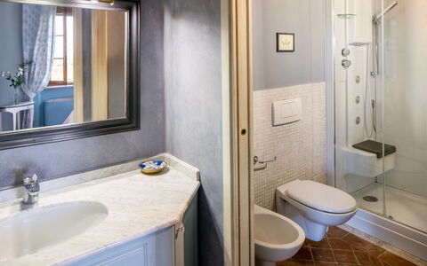 Villa Sole Del Chianti: Specchio, Lavello, Proprietà, Idraulico Fixture, Rubinetto, Lavandino Del Bagno, Blu, Toilet Seat, Bagno, Viola