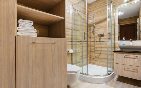 Rezydencja Park Rodzinna: Idraulico Fixture, Costruzione, Specchio, Rubinetto, Bagno, Legna, Interior Design, Doccia, Doccia Porta