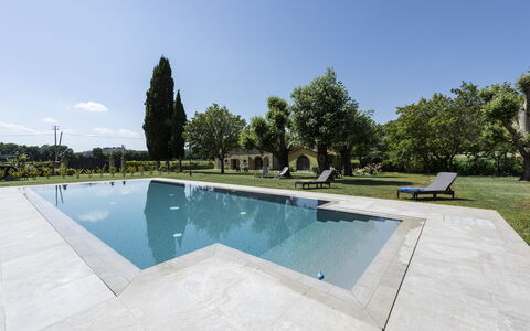 Villa Chio: Acqua, Cielo, Piscina, Albero, Pianta, Shade, Rettangolo, Costruzione, Tempo Libero, Zona Residenziale