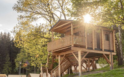 Premium Baumhaus mit 1 Schlafzimmer 100.6: Mobilia, Costruzione, Tavolo, Pianta, Sedia, Pianta Della Casa, Shade, Arancia, Interior Design, Pavimentazione