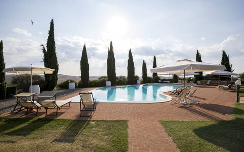 Villa Sulle Crete: Cielo, Acqua, Nube, Pianta, Albero, Piscina, Costruzione, Mobili Da Esterno, Erba, Tempo Libero