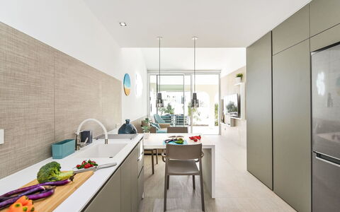 Velsuites 1: Cucina, Interior Design, Pavimentazione, Controsoffitto, Mobilia, Pavimento, Legna, Casa, Cabinetry, Soffitto