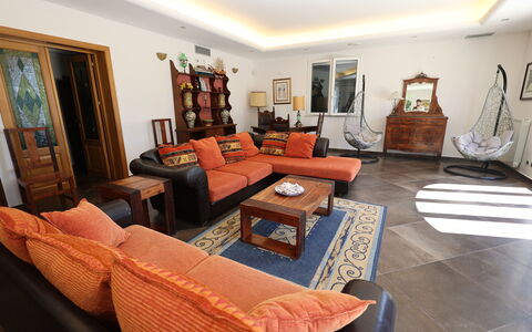 Villa Rosarno: Cornice, Mobilia, Divano, Tavolo, Comfort, Legna, Soggiorno, Divano Letto, Arancia, Lampada