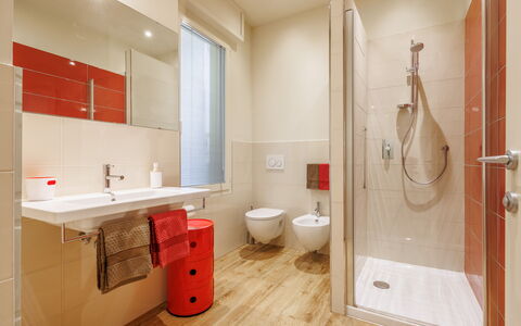 Lucy Florence Charming Modern Apartment Near Piazz: Idraulico Fixture, Proprietà, Rubinetto, Soffione Doccia, Bagno, Doccia, Legna, Cabinetry, Specchio