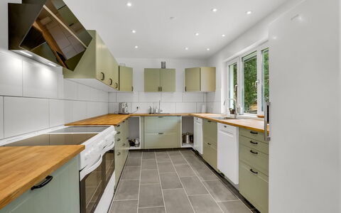 Rajna - 250M from the Sea: Cucina, Controsoffitto, Cabinetry, Pavimentazione, Elettrodomestico Da Cucina, Interior Design, Legna, Apparecchio Major, Soffitto, Pavimento