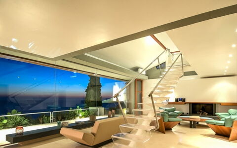 Villa Cala Moresca: Interior Design, Mobilia, Pavimentazione, Soffitto, Pavimento, Architettura, Soggiorno, Tavolo, Illuminazione, Sedia