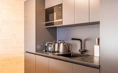 Mit 1 Schlafzimmer 400.1: Cucina, Controsoffitto, Interior Design, Elettrodomestico Da Cucina, Cabinetry, Legna, Pavimentazione, Mobilia, Lavandino Della Cucina, Lavello