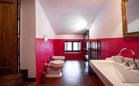 Green Hill Apartment In Tuscan Countryside: Parete, Pavimentazione, Rosso, Interior Design, Pavimento, Soffitto, Idraulico Fixture, Camera, Porta, Bagno