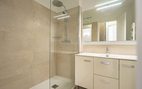 Résidence de Mons: Pavimentazione, Interior Design, Lavandino Del Bagno, Pavimento, Idraulico Fixture, Bagno, Mobiletto Del Bagno, Specchio, Soffitto, Lavello