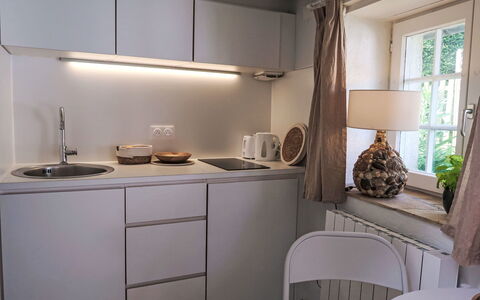 Gwenn Tiny House: Cucina, Interior Design, Controsoffitto, Elettrodomestico Da Cucina, Idraulico Fixture, Cabinetry, Lavello, Mobilia, Lavandino Della Cucina, Camera