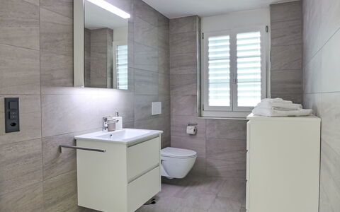Huus Chloster, Apt Niesen: Pavimentazione, Pavimento, Bagno, Interior Design, Idraulico Fixture, Parete, Lavello, Lavandino Del Bagno, Gabinetto, Rubinetto