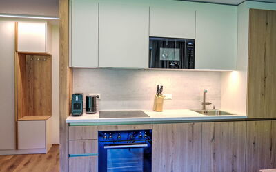 Aparthotel Iris 645.1: Interior Design, Controsoffitto, Cucina, Legna, Pavimentazione, Cabinetry, Mobilia, Pavimento, Elettrodomestico Da Cucina, Apparecchio Major