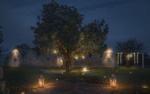 Trulli Experience, Pool, Monopoli: Ramo, Notte, Giardino, Ramoscello, Paesaggio Di Illuminazione, Mezzanotte, Landscaping, Prato, Cortile, Sera