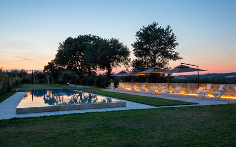 Poggio Mori 20: Piscina, Paesaggio, Landscaping, Prato, Giochi D'Acqua, Sera, Crepuscolo, Parco, Reflecting Pool, Ombra