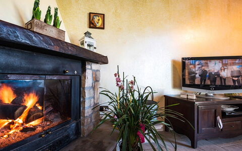 Villa Pandora: Focolare, Mobilia, Interior Design, Soggiorno, Illuminazione, Calore, Camera, Divano, Camino