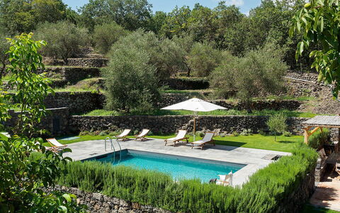 Villa Alcantara: Piscina, Arbusto, Giardino, Ricorrere, Backyard, Landscaping, Eco Hotel, Shade, Cortile, Flagstone