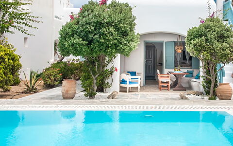 Mykonos Pool House 4: Piscina, Vaso Di Fiori, Ricorrere, Pianta Della Casa, Tempo Libero, Mobili Da Esterno, Estate, Eco Hotel, Landscaping, Cortile