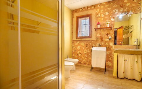 Son Julia de Sa Torre: Parete, Idraulico Fixture, Pavimentazione, Interior Design, Legna, Bagno, Pavimento, Giallo, Idraulico, Illuminazione