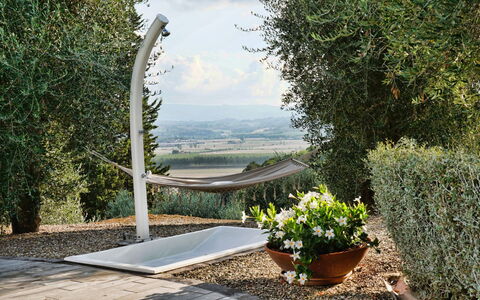 Villa Larino: Giardino, Shade, Landscaping, Materiali Naturali, Mobili Da Esterno, Backyard, Vaso Di Fiori, Sempreverde