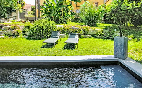Emma: Piscina, Arbusto, Giardino, Giochi D'Acqua, Materiale Composito, Backyard, Landscaping, Shade, Cortile, Prato