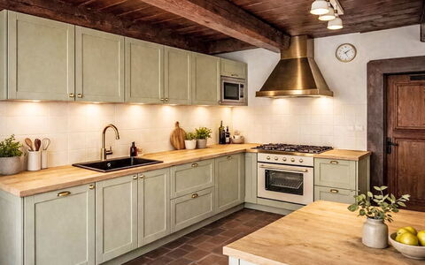 Máchova Roubenka: Cucina, Elettrodomestico Da Cucina, Controsoffitto, Cabinetry, Pavimentazione, Legna, Apparecchio Major, Interior Design, Mobilia, Cucina Stufa
