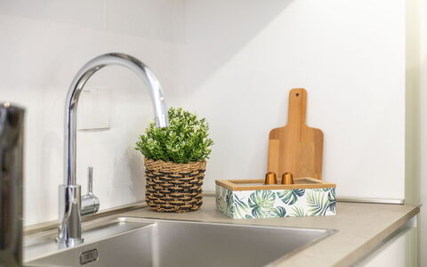 Suite Sinfonia Blu: Idraulico Fixture, Cucina, Lavandino Della Cucina, Controsoffitto, Lavello, Rubinetto, Vaso Di Fiori, Tavola, Idraulico, Interior Design