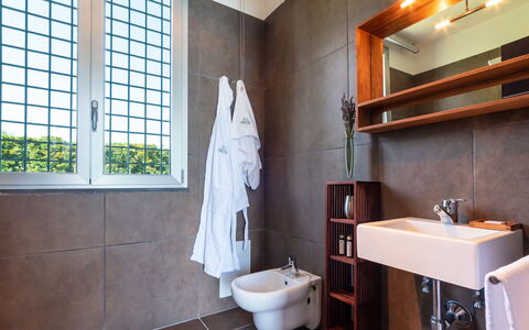 Villa Atmosfere 8: Idraulico Fixture, Pavimentazione, Parete, Bagno, Pavimento, Interior Design, Legna, Lavello, Rubinetto, Lavandino Del Bagno