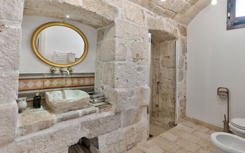 Masseria Tarsia Incuria 8+4: Parete, Idraulico Fixture, Pavimentazione, Interior Design, Bagno, Lavello, Rubinetto, Idraulico, Muro ​​Di Pietra, Lavandino Del Bagno
