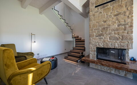 Villa Mamon 6+2: Pavimentazione, Interior Design, Pavimento, Soffitto, Illuminazione, Soggiorno, Camera, Muro ​​Di Pietra, Divano