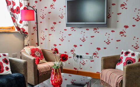 Poppy Cottage, Great Houndbeare Farm: Mobilia, Interior Design, Parete, Rosso, Tessile, Soggiorno, Rosa, Casa, Divano, Illuminazione