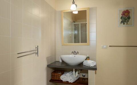 La Certaldina Luna Apartment: Lavandino Del Bagno, Interior Design, Pavimentazione, Idraulico Fixture, Parete, Lavello, Pavimento, Bagno, Specchio, Mobilia