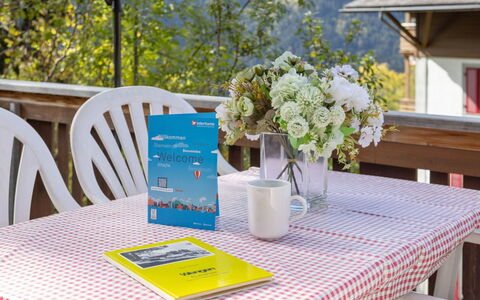 Schweizerhof Apt. S: Tavolo, Mobilia, Proprietà, Tavola, Pianta, Fiore, Sedia, Tovaglia, Verde, Azzurro