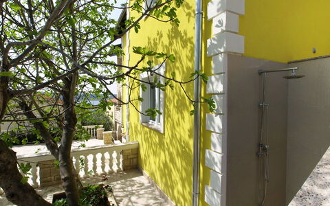 Novigrad (Zadar) 126: Costruzione, Pianta, Shade, Luce Del Sole, Casa, Giallo, Finestra, Albero, Manto Stradale, Legna